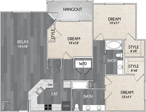 Floor plan for 3 beds, 2 baths, 1409 sqft